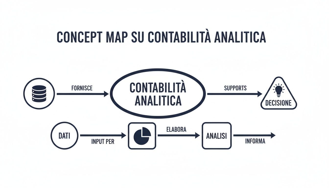 Mappa concettuale sulla contabilità analitica che illustra il flusso di dati, analisi e supporto alle decisioni.