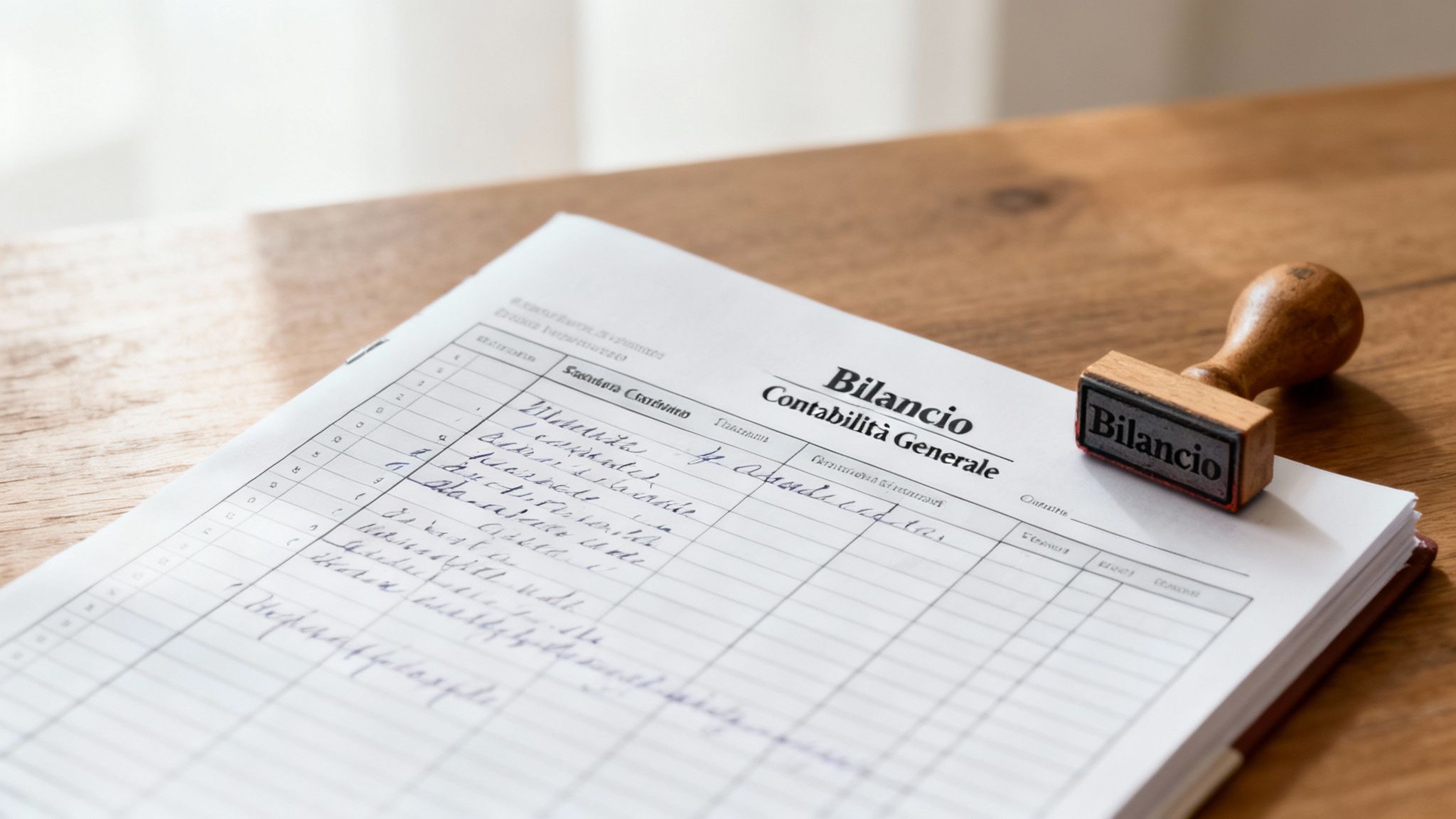 Documento di contabilità generale con voci scritte a mano e un timbro con la parola 'Bilancio' su un tavolo di legno.