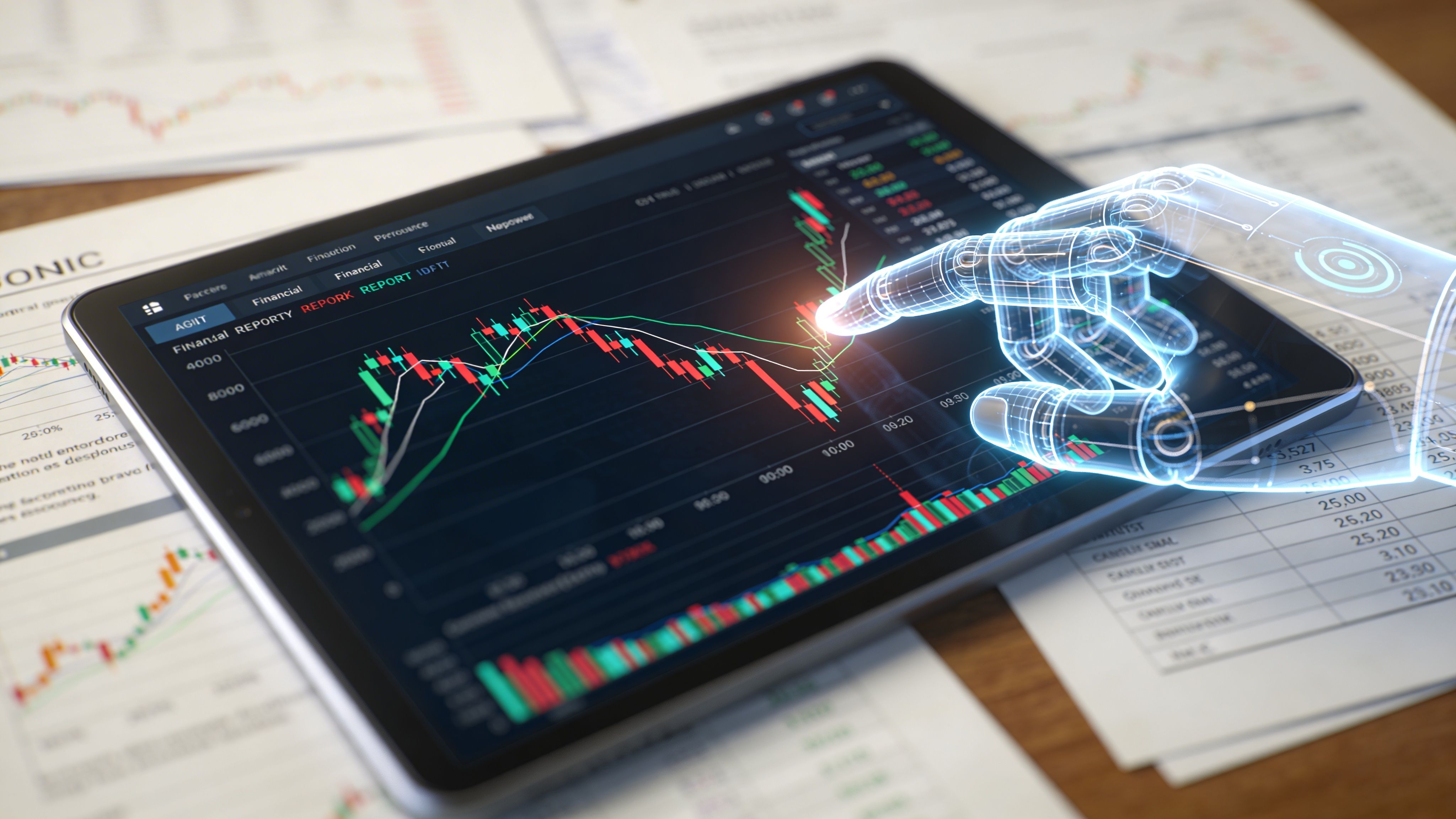 Una mano robotica digitale interagisce con un tablet che mostra grafici finanziari complessi su uno sfondo d'ufficio.