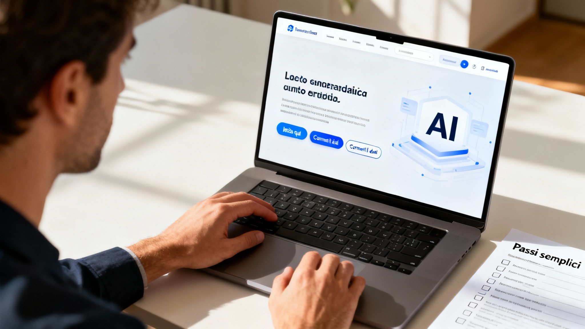 Una persona digita su un laptop che mostra un sito web sull'intelligenza artificiale e una checklist.