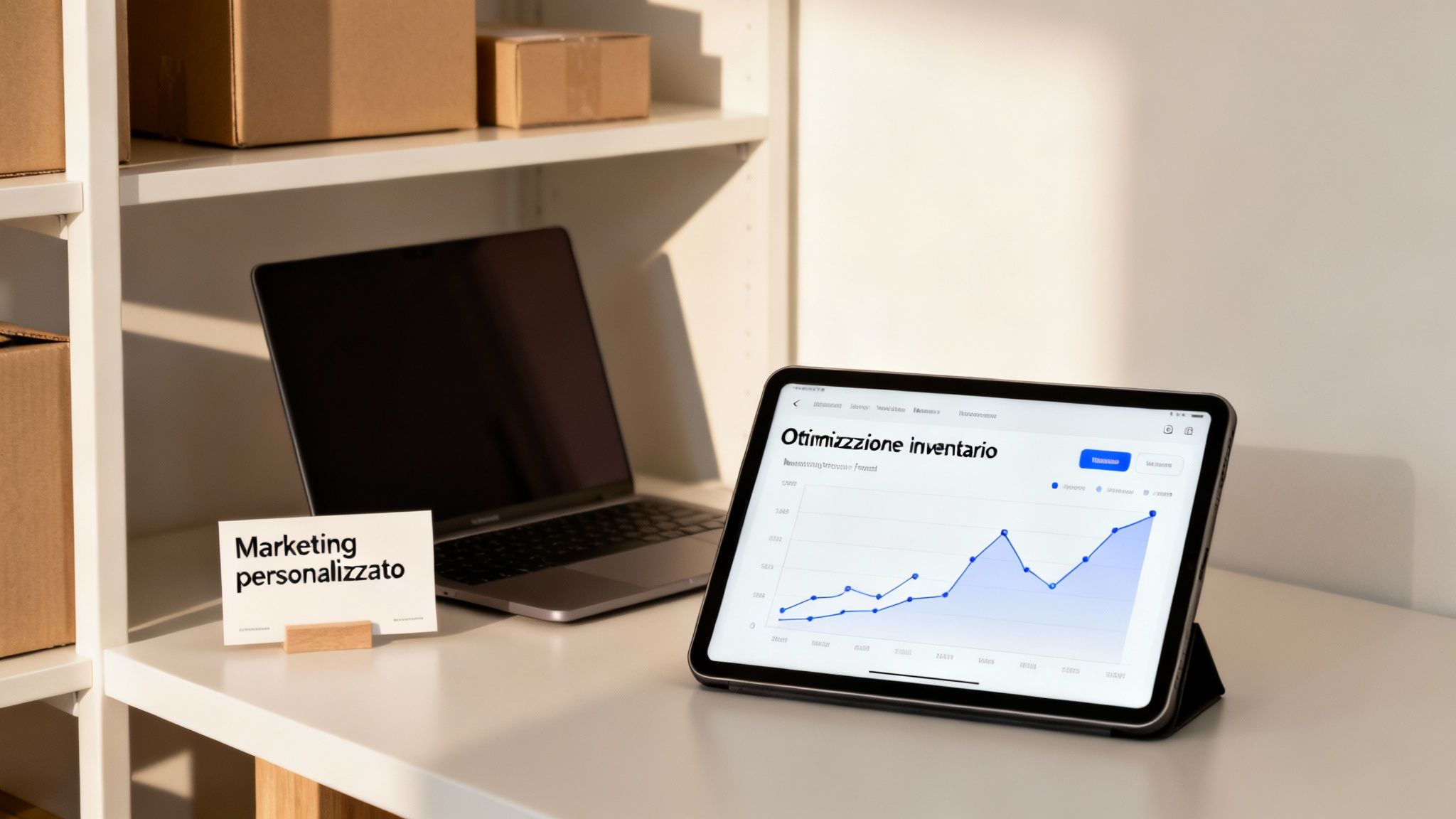 Ufficio moderno con laptop, tablet che mostra un grafico di ottimizzazione inventario e cartello 'Marketing personalizzato'.