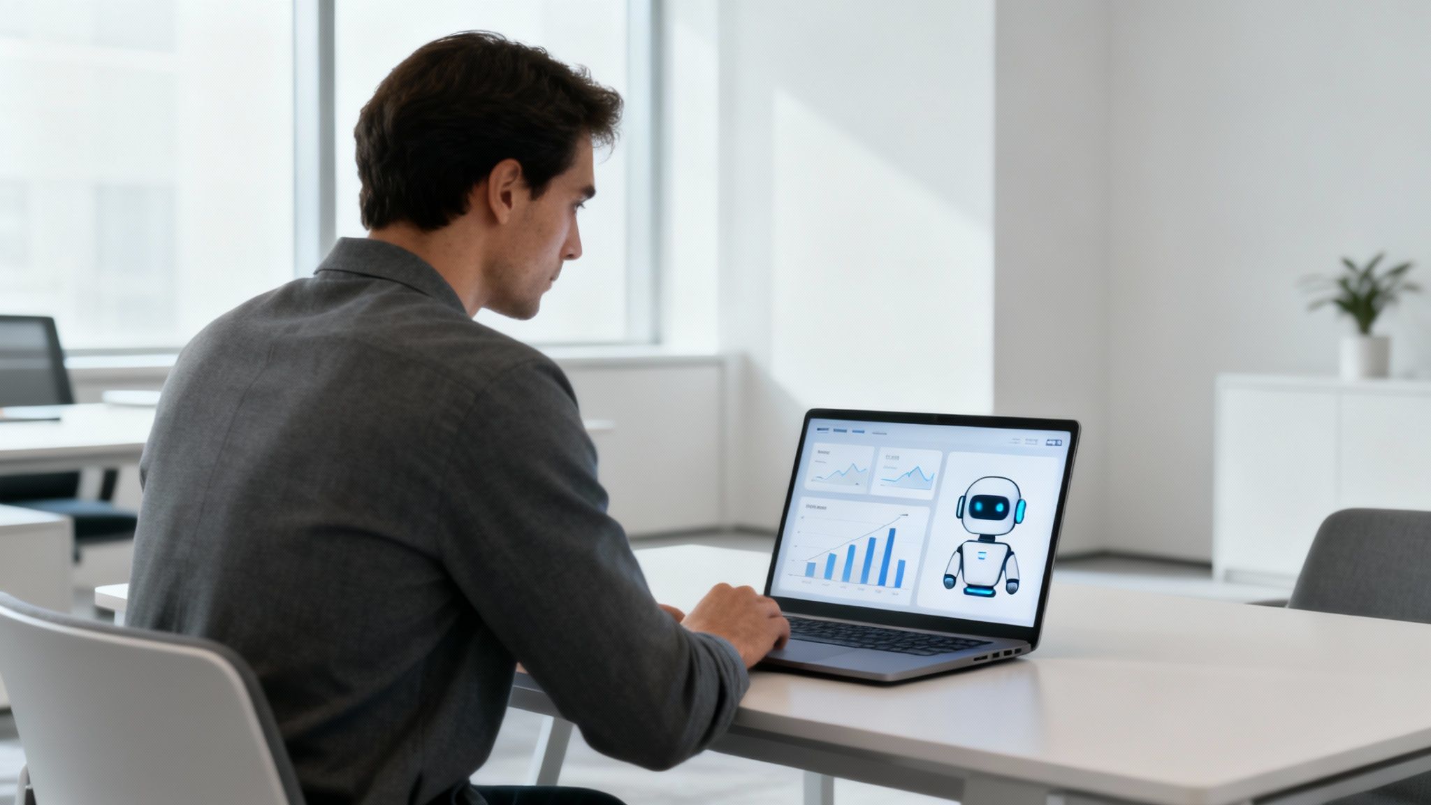Professionista che utilizza intelligenza artificiale per analizzare dati aziendali su laptop in ufficio moderno