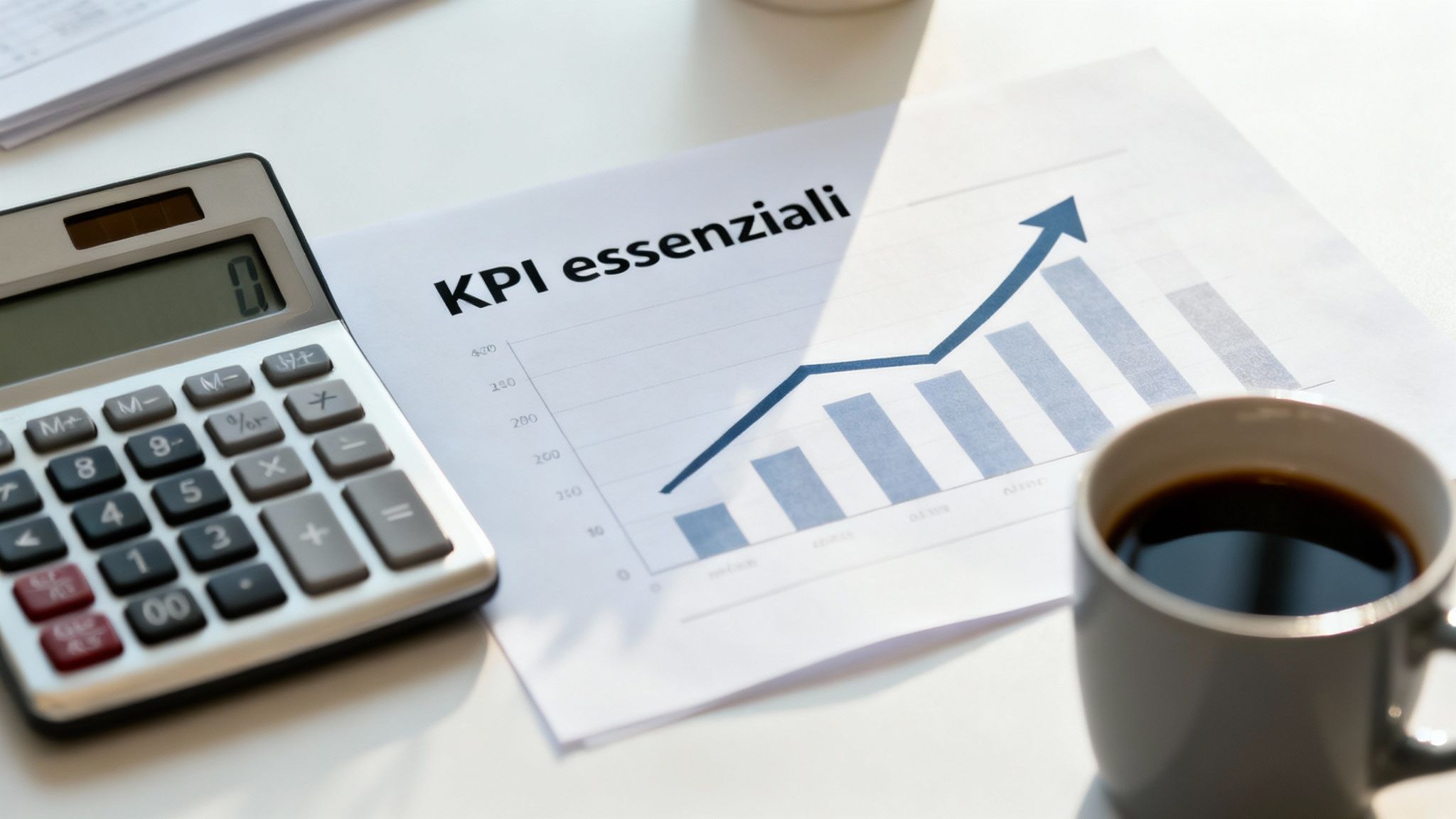 Grafico KPI essenziali con trend crescente, calcolatrice e caffè su scrivania per analisi aziendale