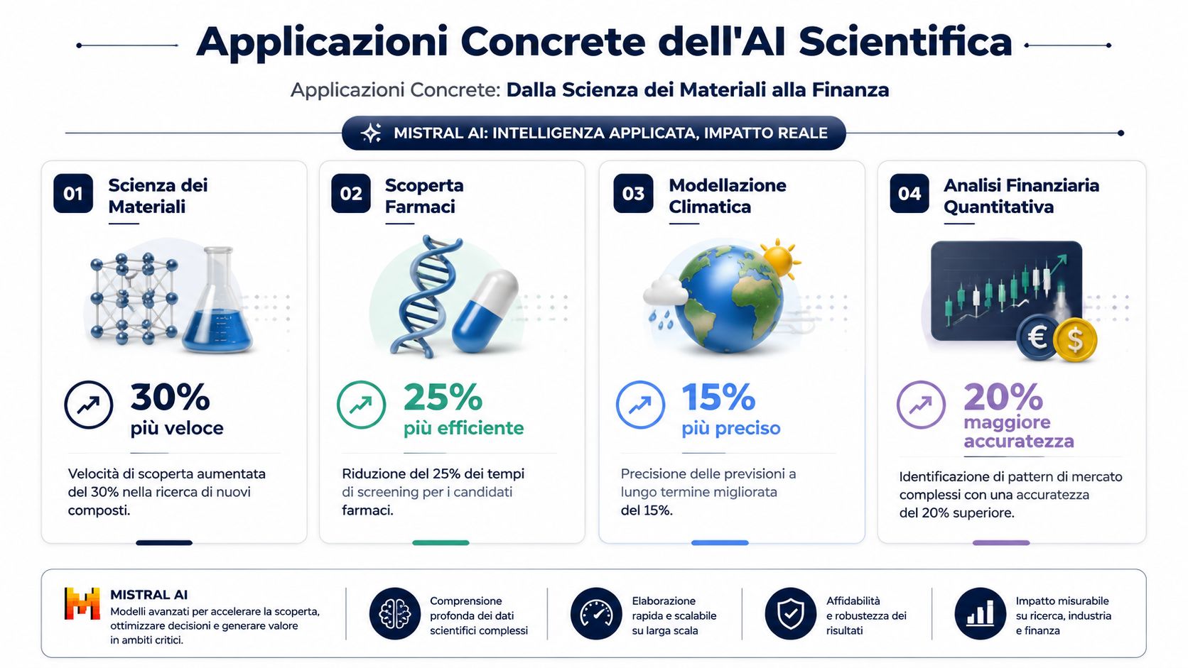 Infografica sulle applicazioni concrete dell'intelligenza artificiale scientifica in settori come la medicina, i materiali e la finanza.