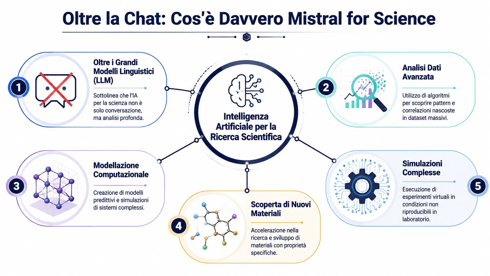 Schema concettuale che illustra le diverse applicazioni dell'intelligenza artificiale avanzata per la ricerca scientifica moderna.