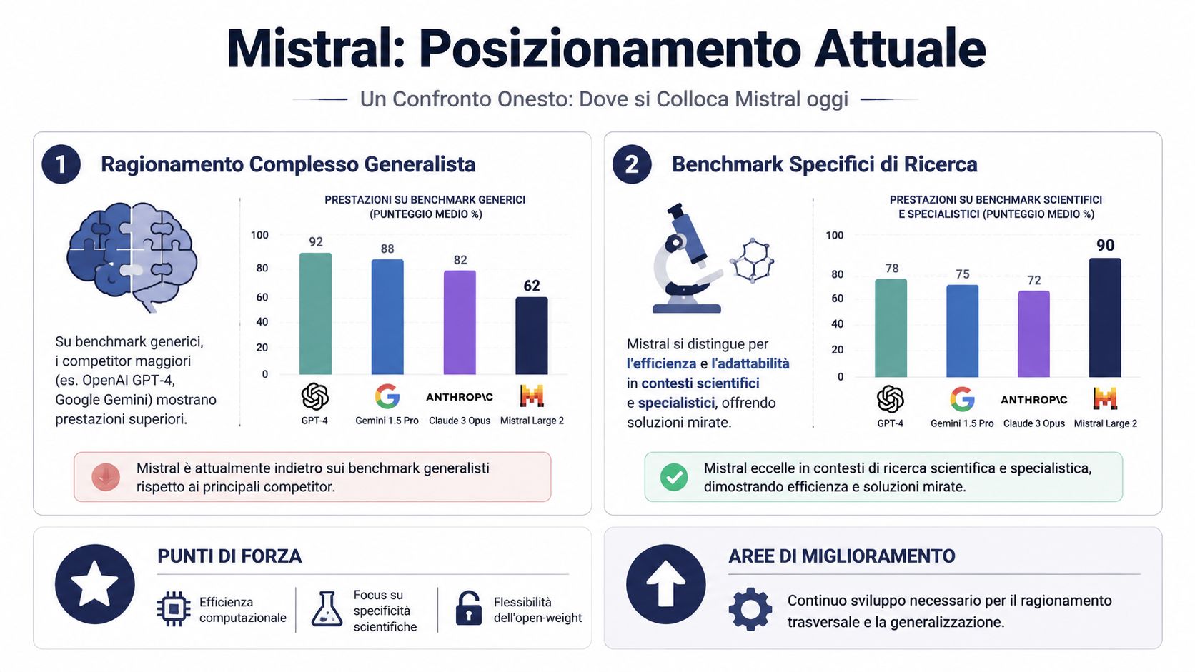 Confronto tra le prestazioni di Mistral Large 2 e dei principali modelli AI su benchmark generici e scientifici.