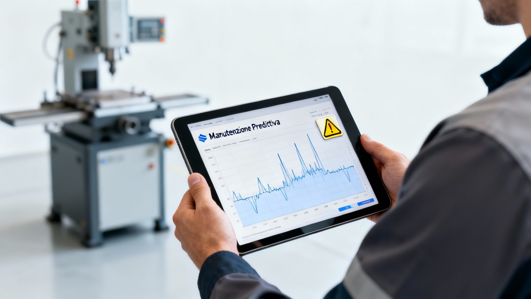 Un tecnico consulta un tablet con un grafico di manutenzione predittiva, mostrando un avviso su una macchina CNC industriale.