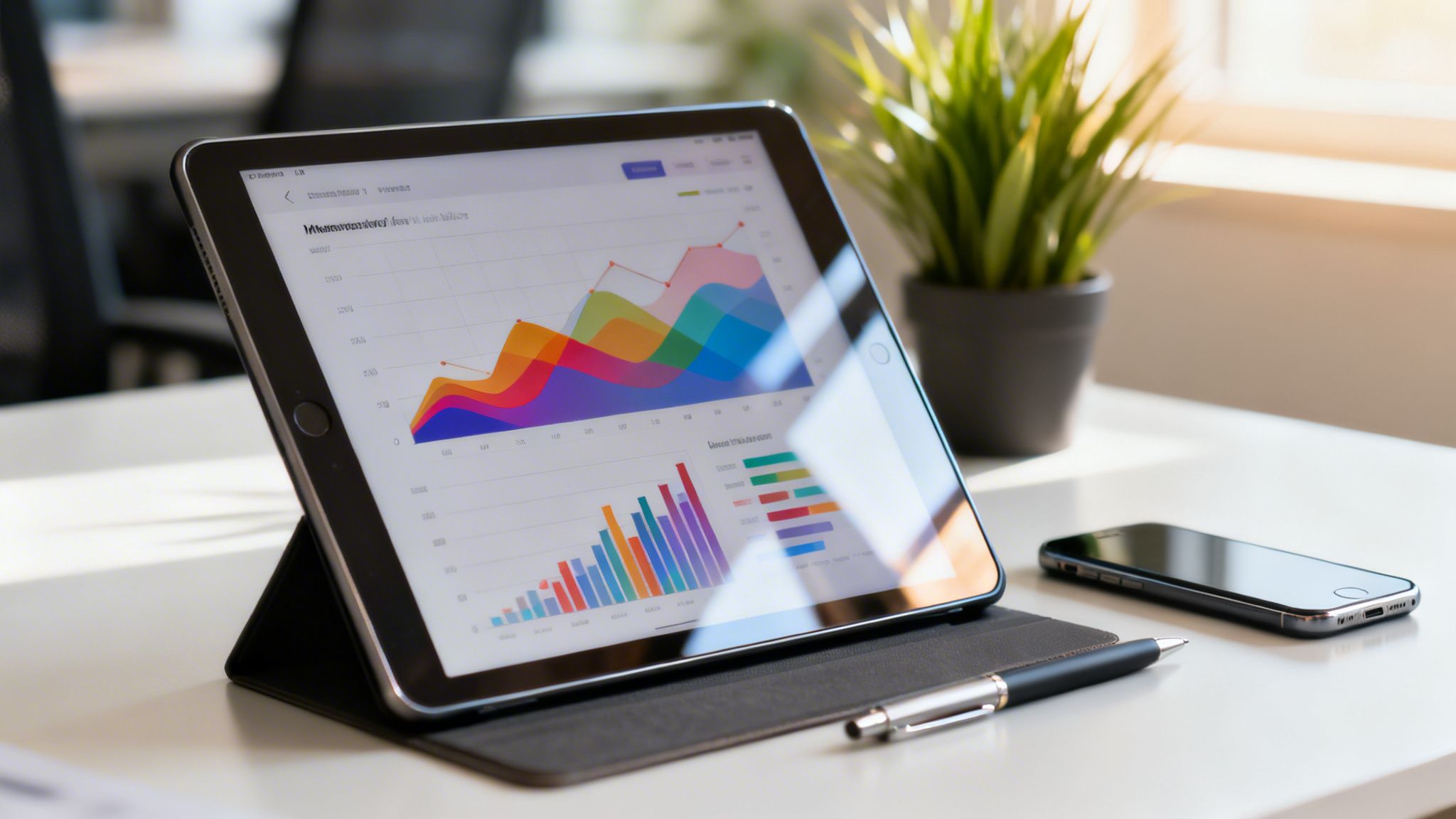 Un tablet mostra grafici colorati su una scrivania bianca con uno smartphone, una penna e una pianta verde, ambiente lavorativo.