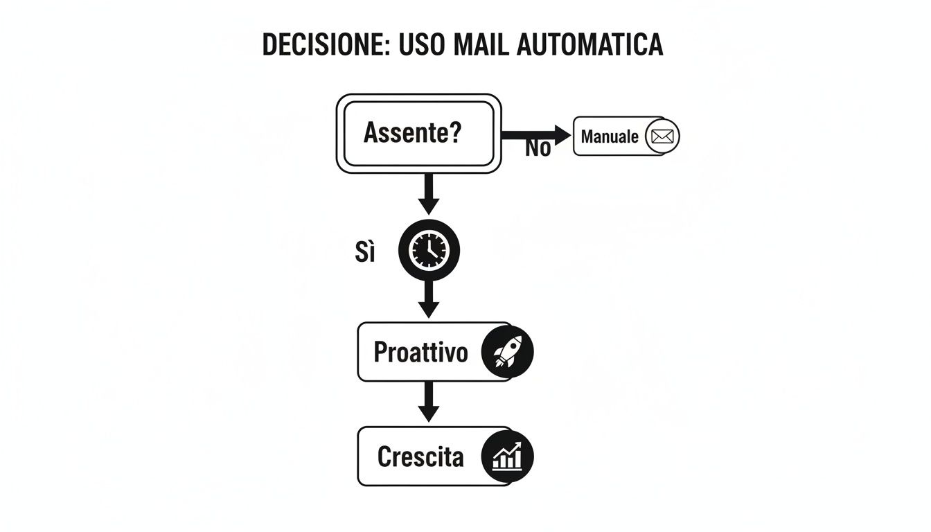 Flowchart intitolato 'Decisione: Uso Mail Automatica', che illustra un processo decisionale per l'invio di email.