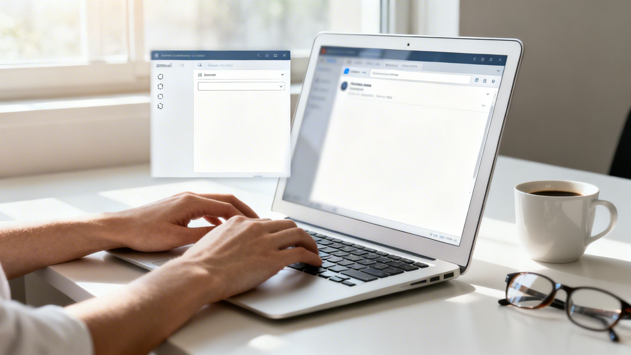 Una persona digita su un laptop bianco, con una tazza di caffè e occhiali su una scrivania luminosa vicino a una finestra.