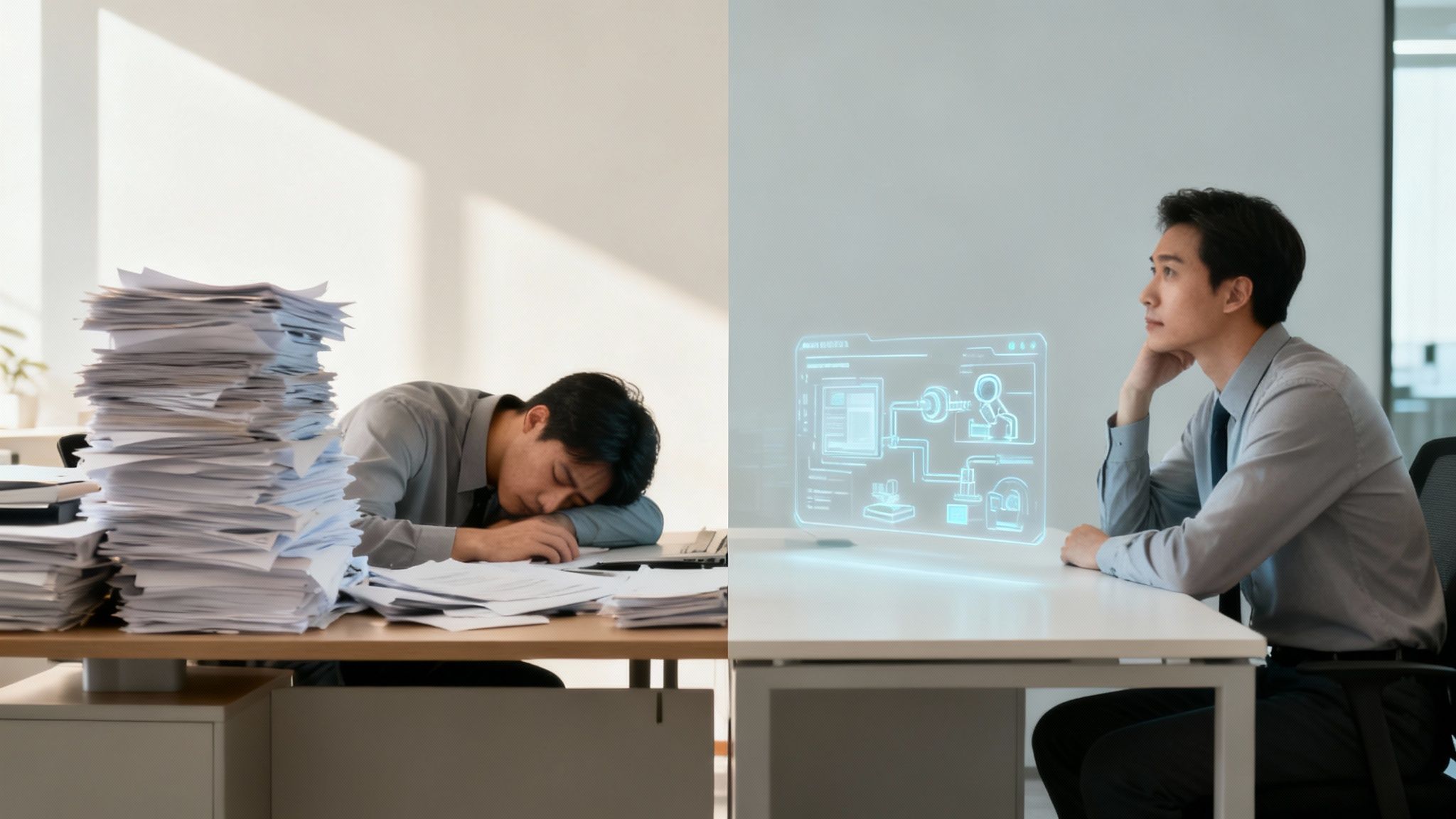 Uomo stanco sopra pila di documenti e uomo concentrato su interfaccia olografica: confronto tra lavoro manuale e automazione.