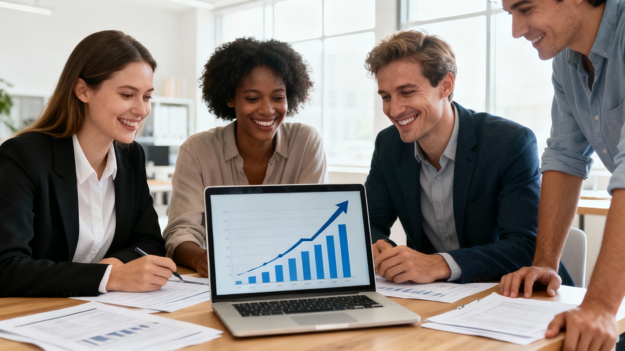 Quattro colleghi sorridenti esaminano un grafico di crescita positivo su un laptop in ufficio.