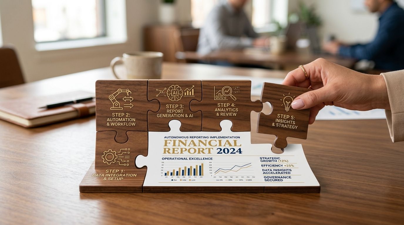 Una mano posiziona un pezzo di puzzle su uno schema aziendale che illustra il reporting finanziario automatizzato con intelligenza artificiale.
