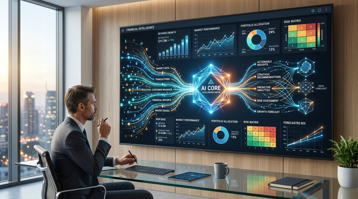 Un professionista in ufficio analizza grafici finanziari avanzati e dati strategici su un grande schermo digitale interattivo.