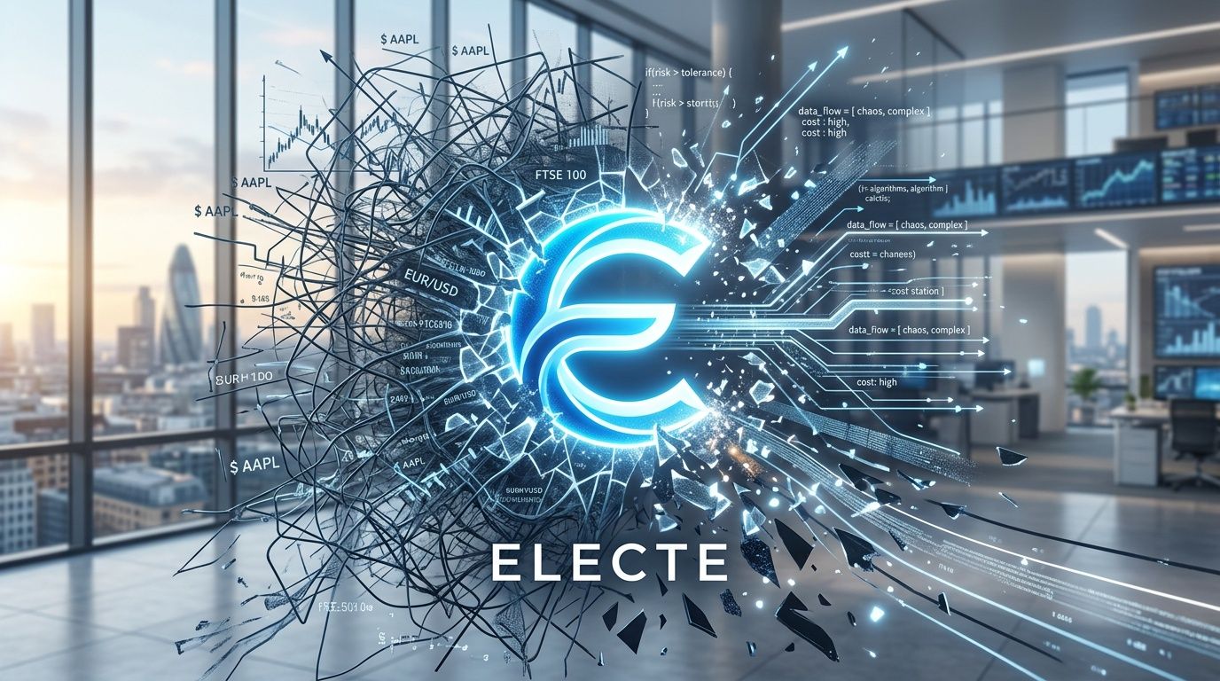 Un logo luminoso a forma di lettera E circondato da grafici finanziari complessi in un ufficio moderno.