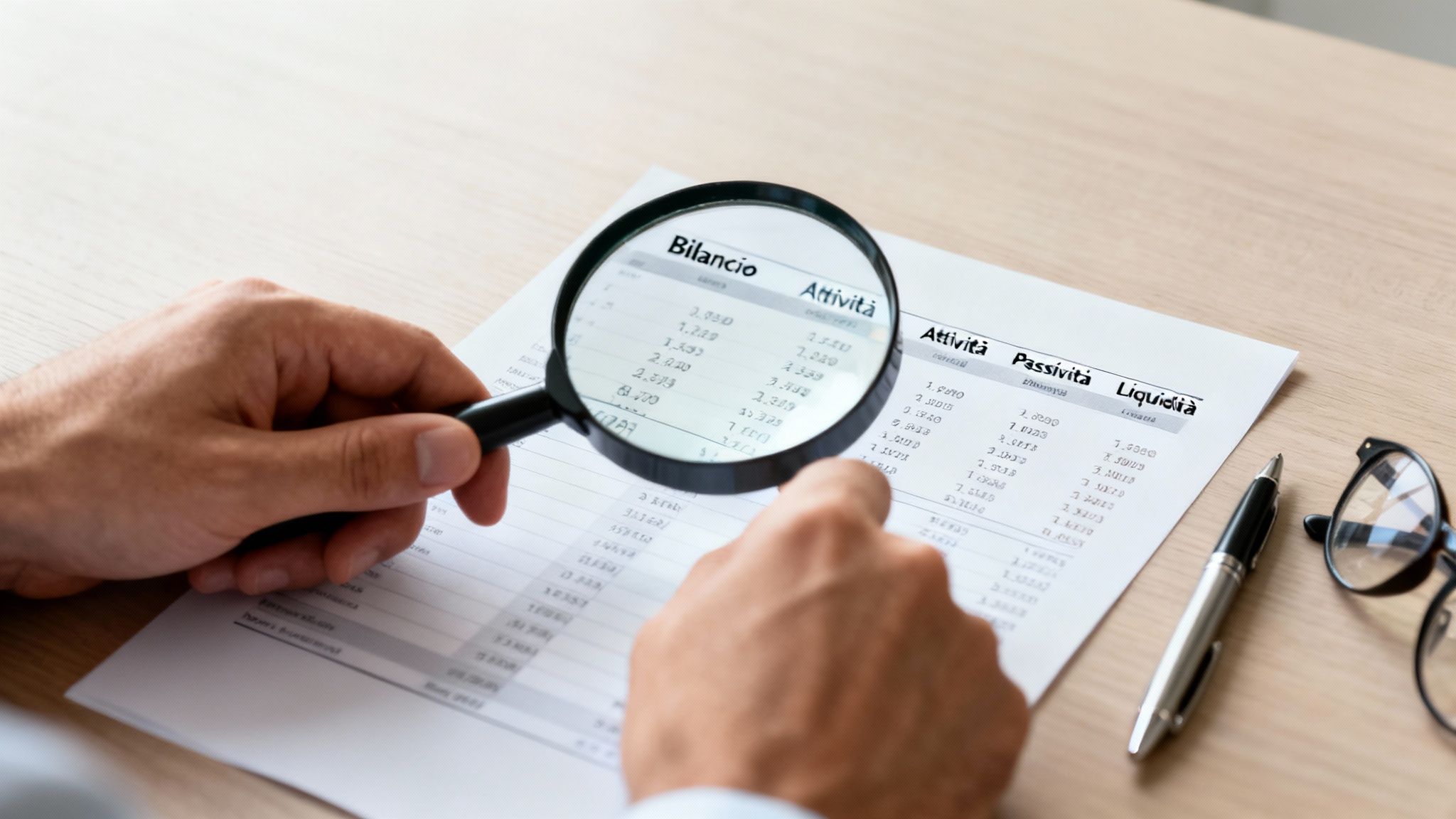 Persona che esamina un bilancio aziendale con lente d'ingrandimento, analizzando attività e passività finanziarie.