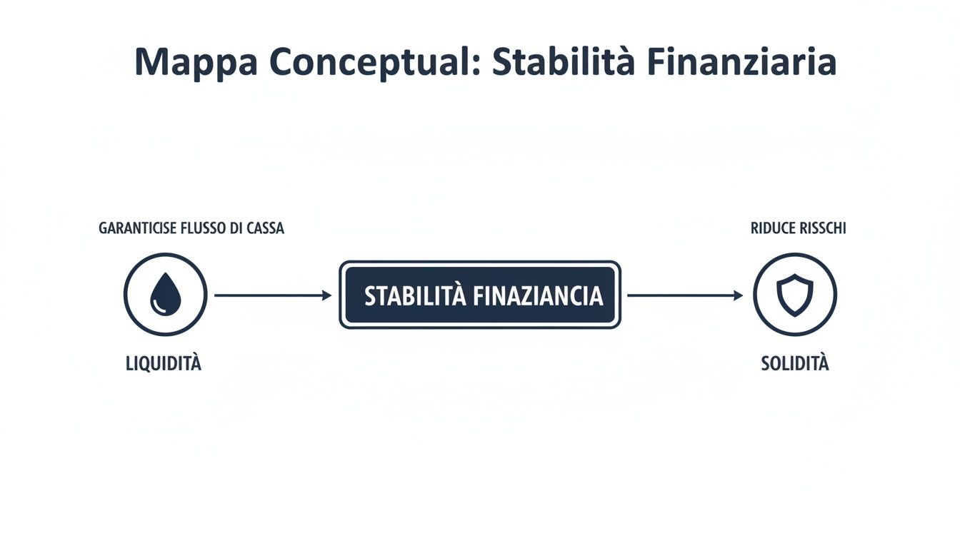 Mappa concettuale sulla stabilità finanziaria, evidenziando il legame tra liquidità, flusso di cassa e solidità per la gestione dei rischi.