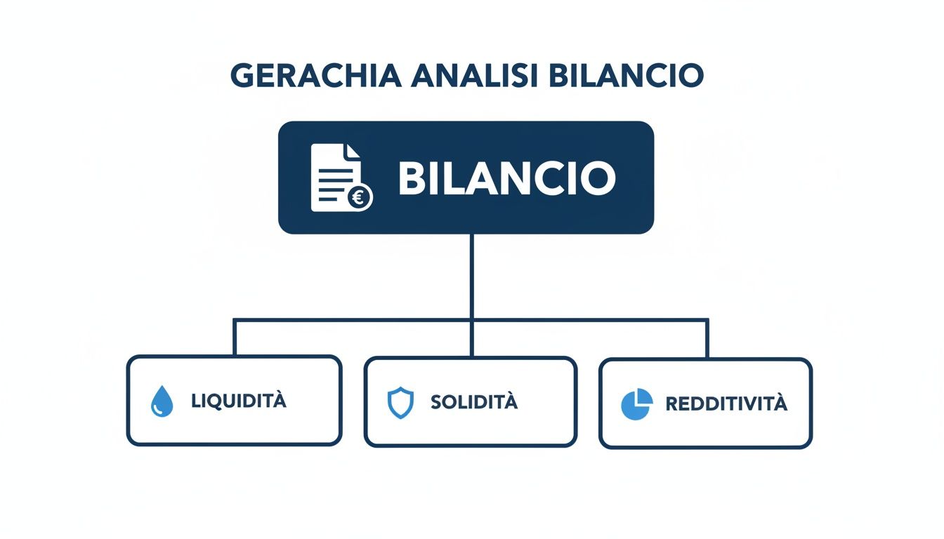 Diagramma gerarchico che mostra l'analisi del bilancio divisa in liquidità, solidità e redditività.