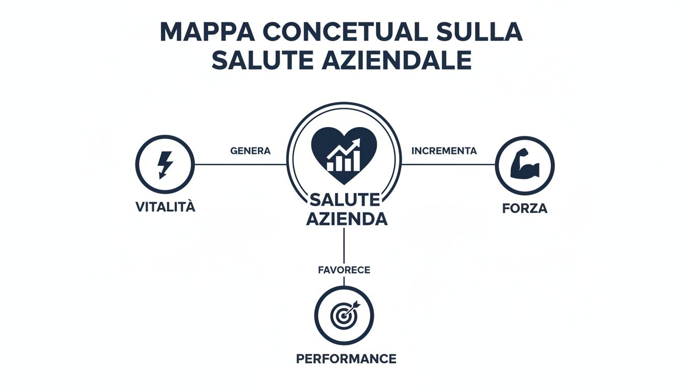 Mappa concettuale sulla salute aziendale che mostra come genera vitalità, incrementa forza e favorisce performance.