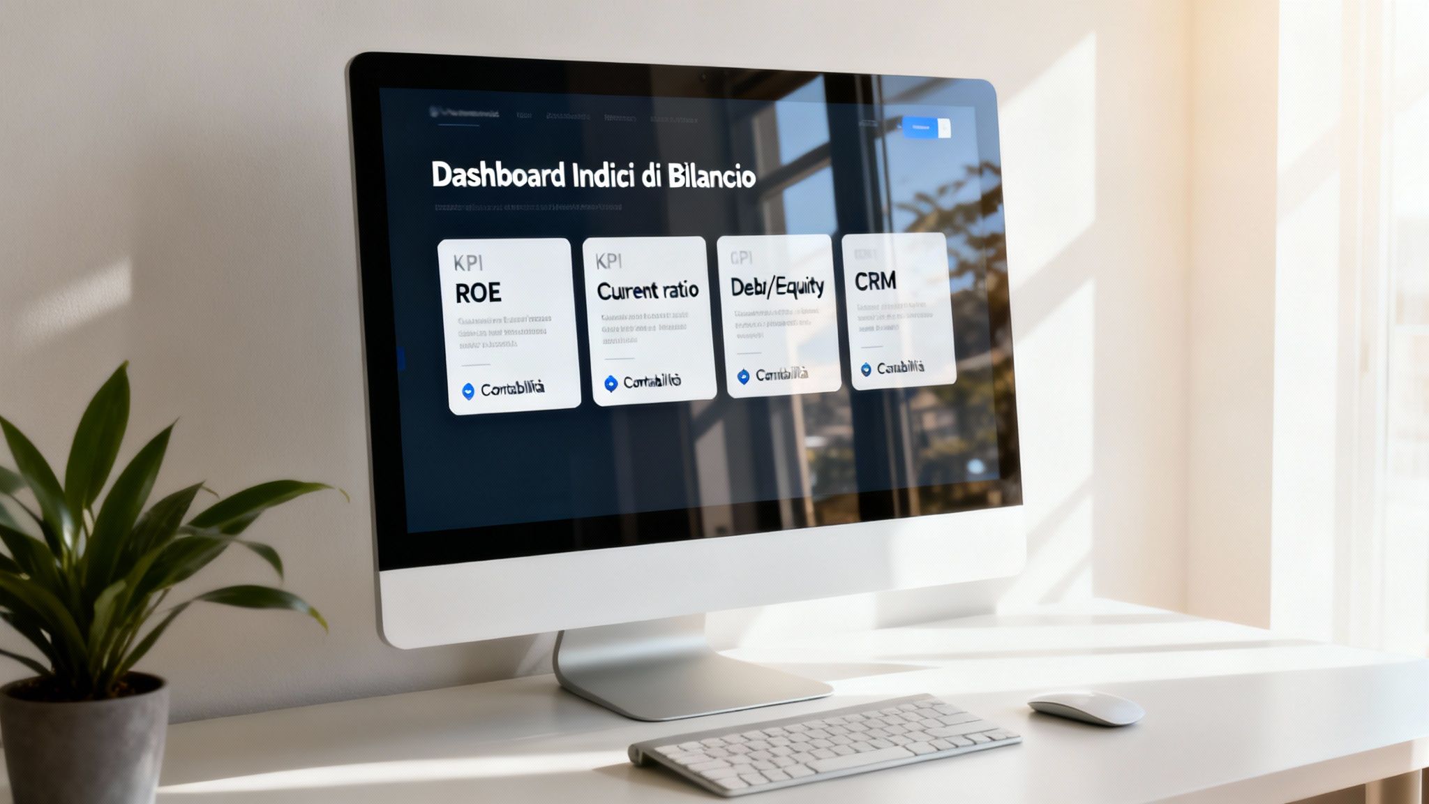 Monitor del computer mostra una dashboard di indici di bilancio con KPI come ROE e Current Ratio per la contabilità aziendale.