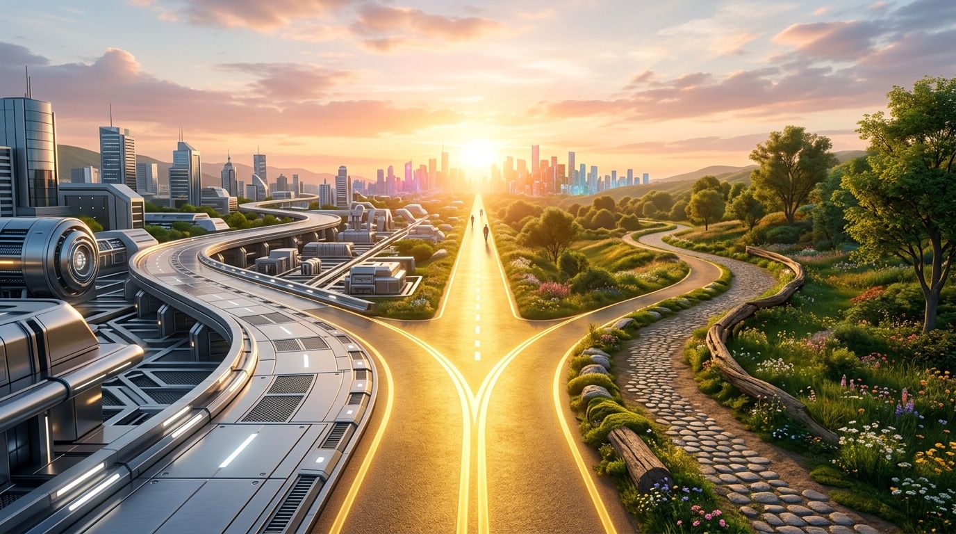 Una strada che si divide tra una città futuristica high-tech e un sentiero naturale panoramico nel verde.