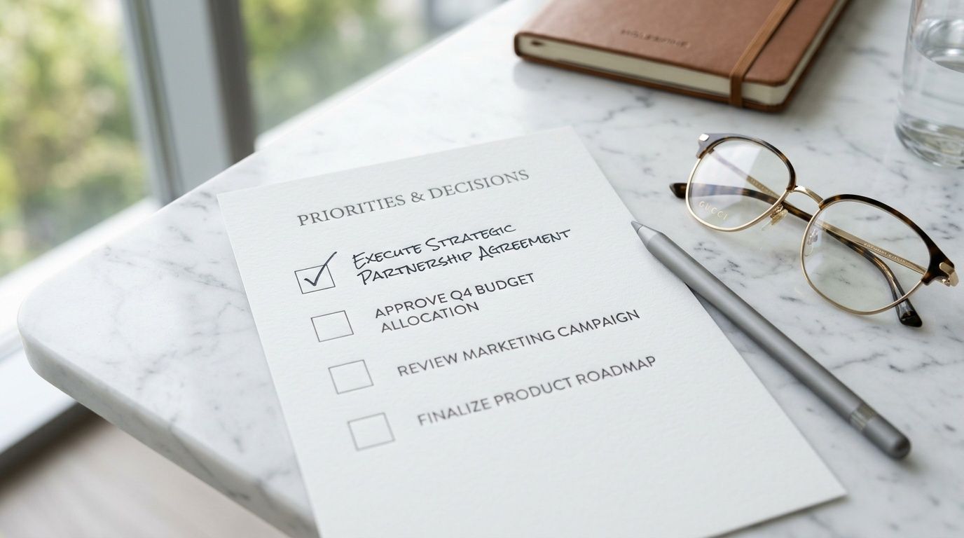 Una lista di controllo con priorità aziendali scritta su un foglio di carta su un tavolo di marmo.