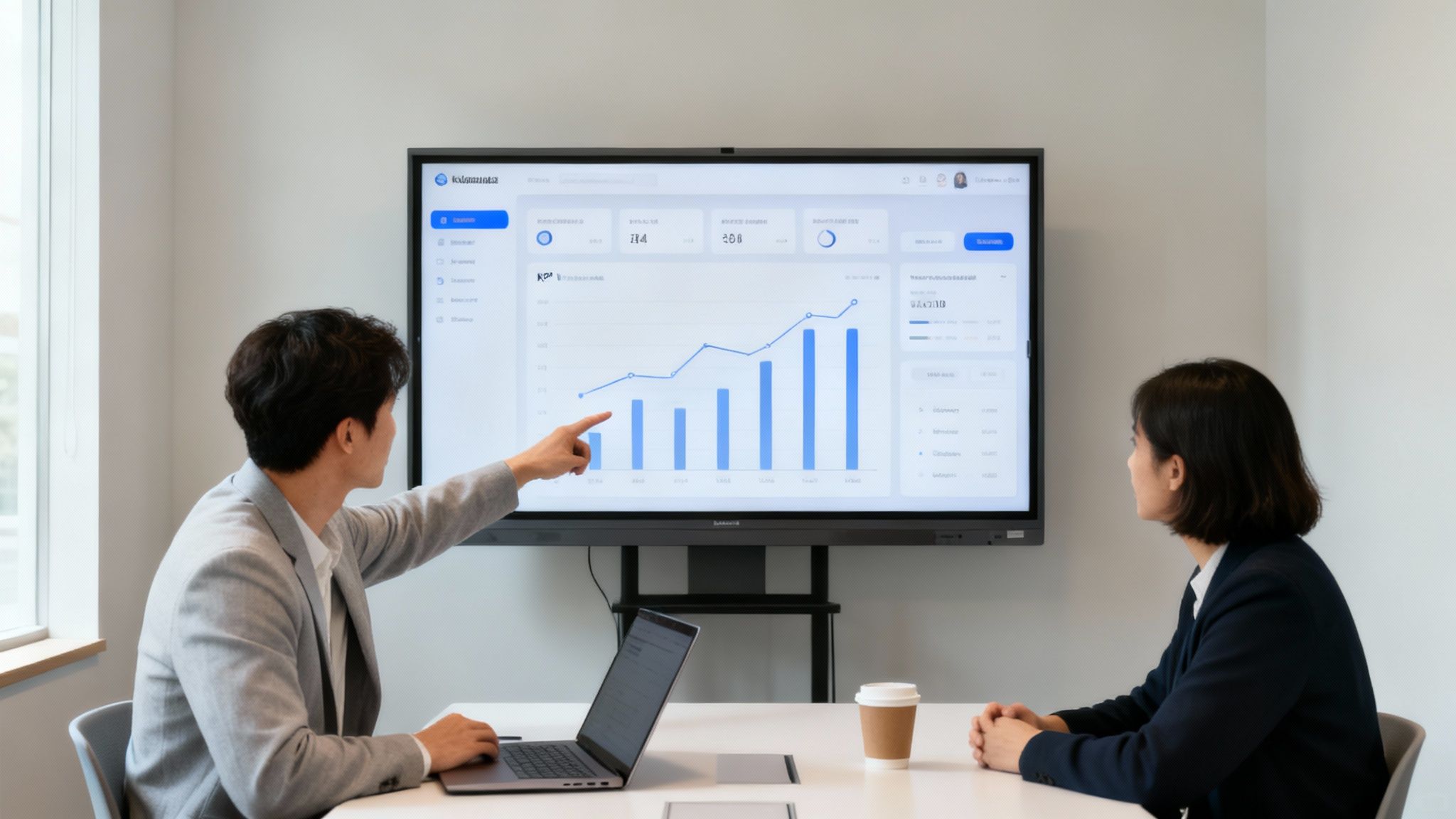 Due persone in ufficio discutono analisi di dati aziendali su un grande schermo interattivo.
