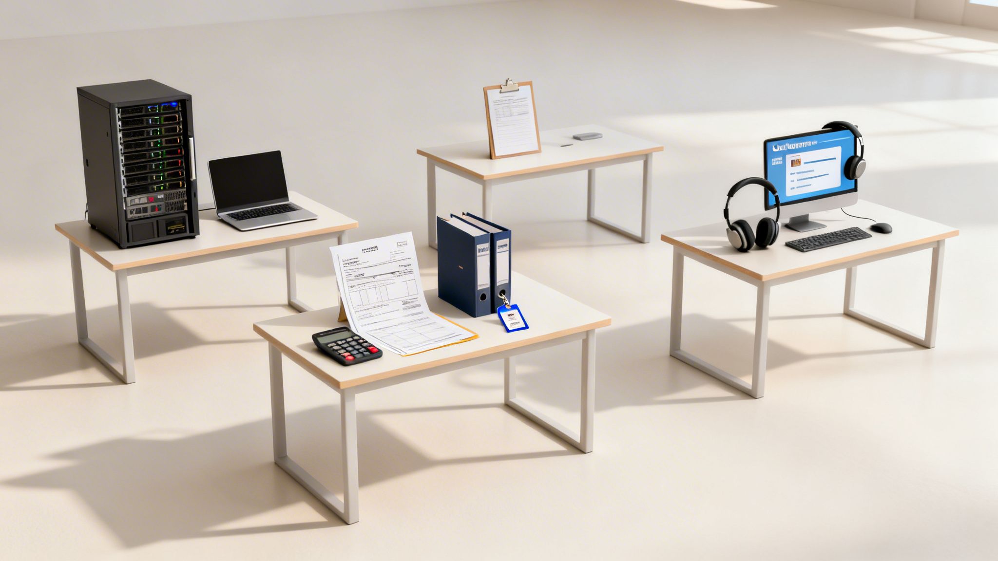 Diverse postazioni di lavoro con attrezzature IT, documenti e computer, che illustrano processi aziendali.