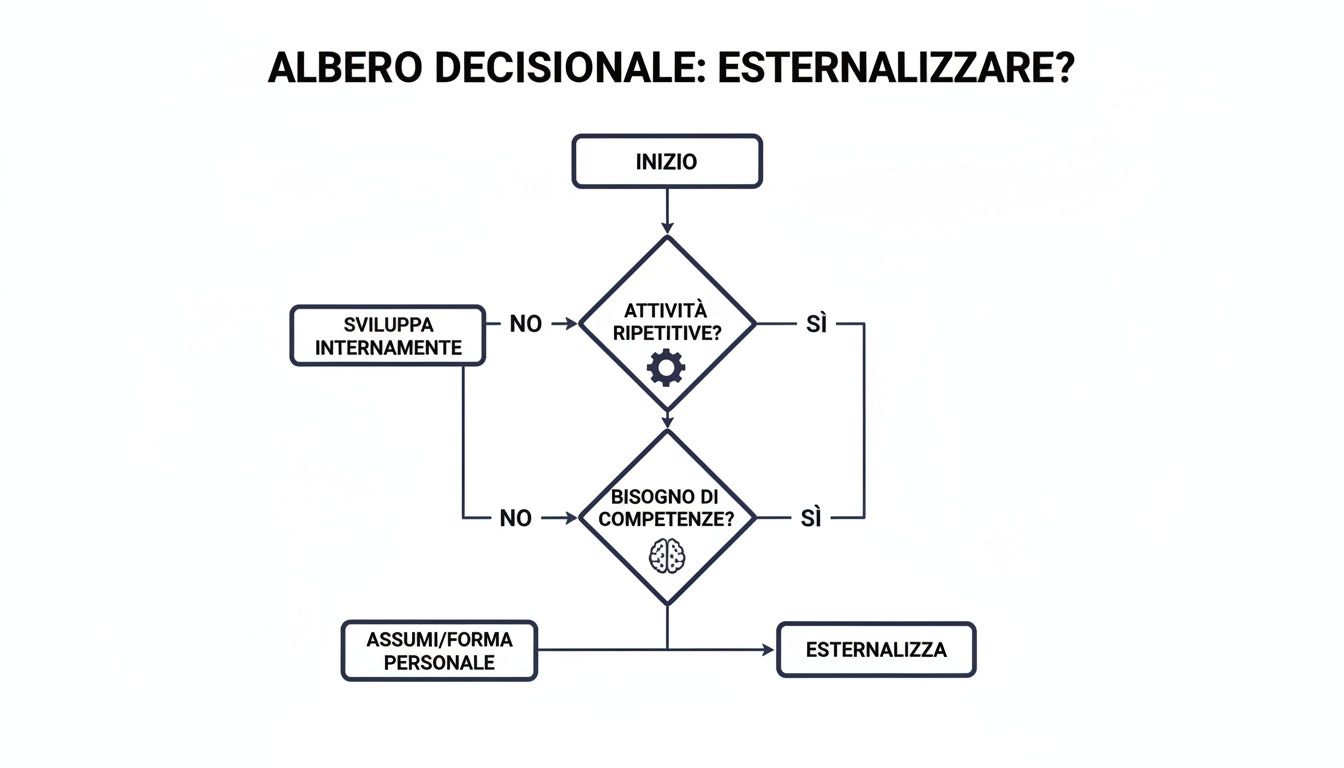 Diagramma di flusso che illustra il processo decisionale per esternalizzare attività, considerando ripetitività e necessità di competenze.