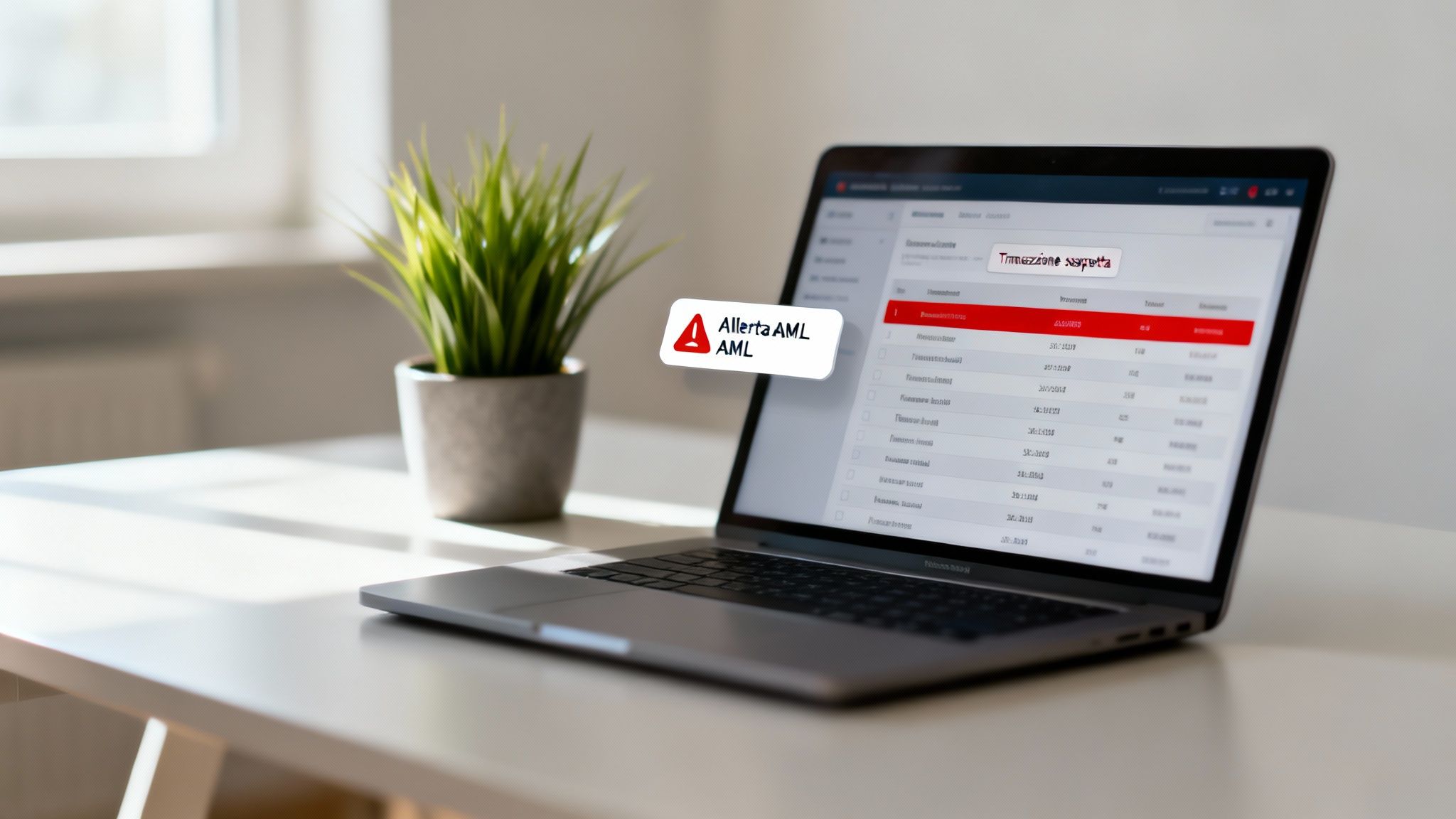 Un laptop su una scrivania bianca con una pianta. Lo schermo mostra un'applicazione con un'allerta AML per transazioni sospette.