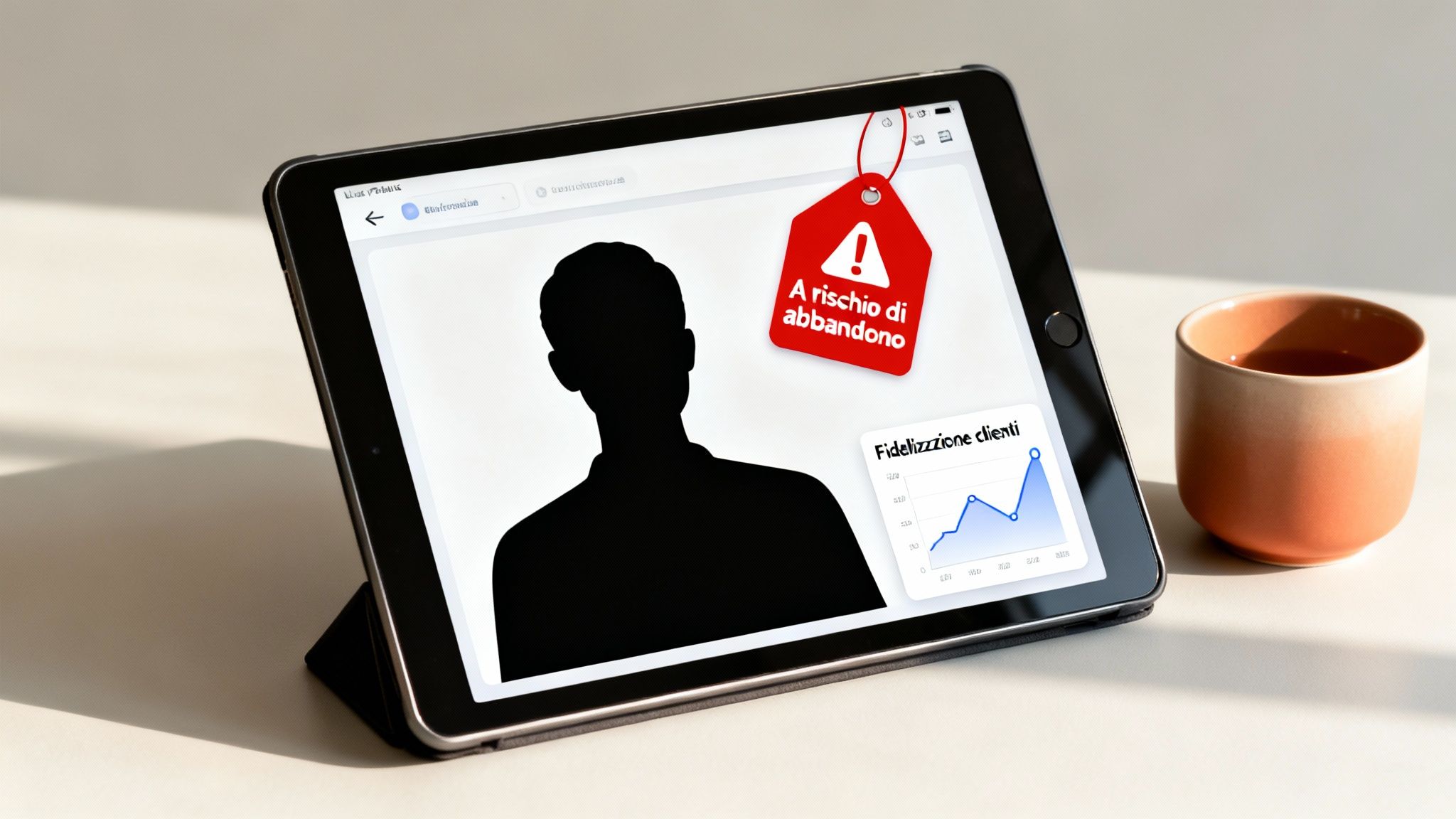 Un tablet mostra un profilo utente a rischio di abbandono con un grafico di fidelizzazione clienti e una tazza di tè.