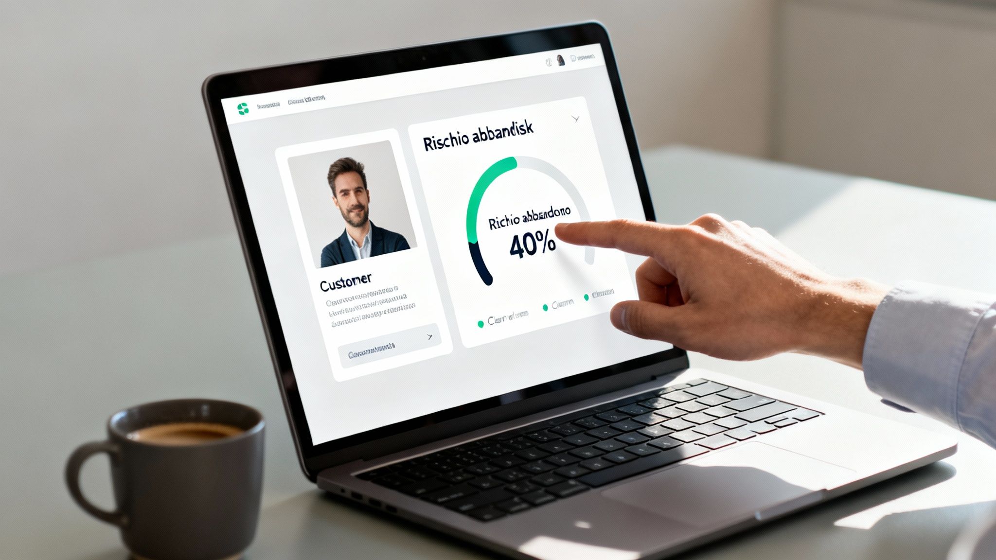 Mano che indica la percentuale di rischio abbandono del 40% su un laptop, con un profilo cliente e una tazza di caffè.