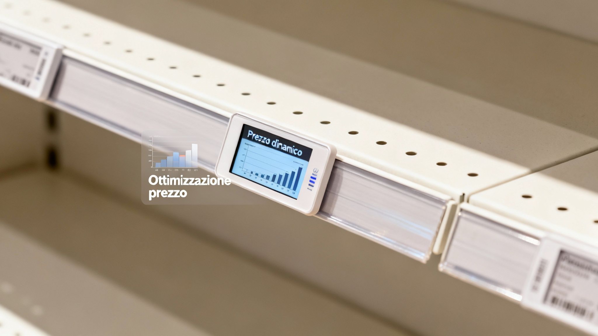 Un'etichetta digitale con la scritta "Prezzo dinamico" e un grafico a barre su uno scaffale vuoto, che mostra l'ottimizzazione dei prezzi.