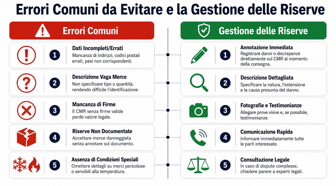 Infografica che illustra gli errori comuni da evitare durante la gestione di una lettera di vettura CMR.