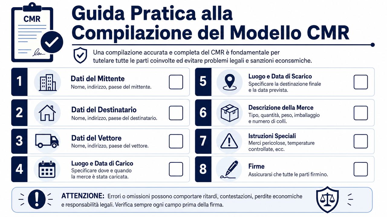 Guida pratica illustrata con otto passaggi fondamentali per la corretta compilazione del modello di lettera vettura CMR.