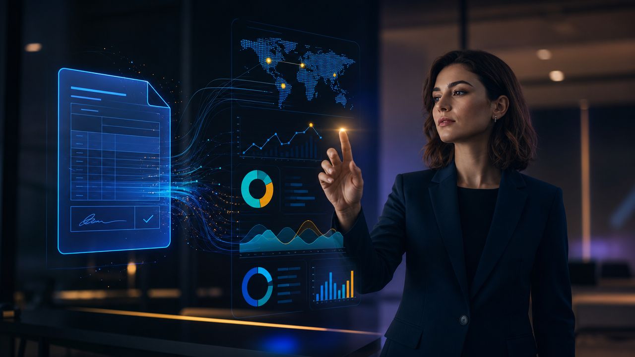 Una professionista analizza dati su una interfaccia olografica digitale collegata a una lettera di vettura virtuale