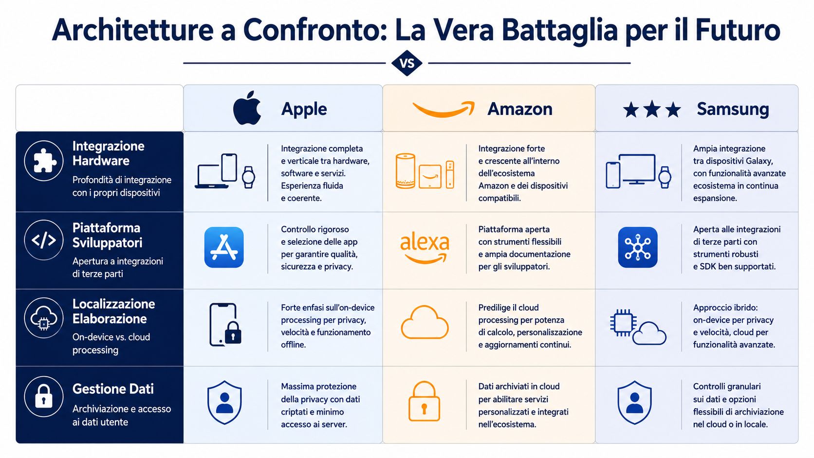 Tabella comparativa che mette a confronto le architetture tecnologiche di Apple, Amazon e Samsung.