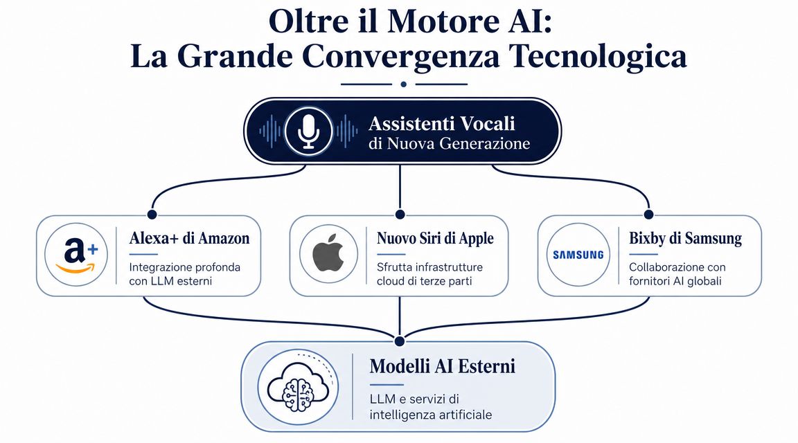 Schema illustrativo della convergenza tra assistenti vocali di nuova generazione e modelli di intelligenza artificiale esterna.