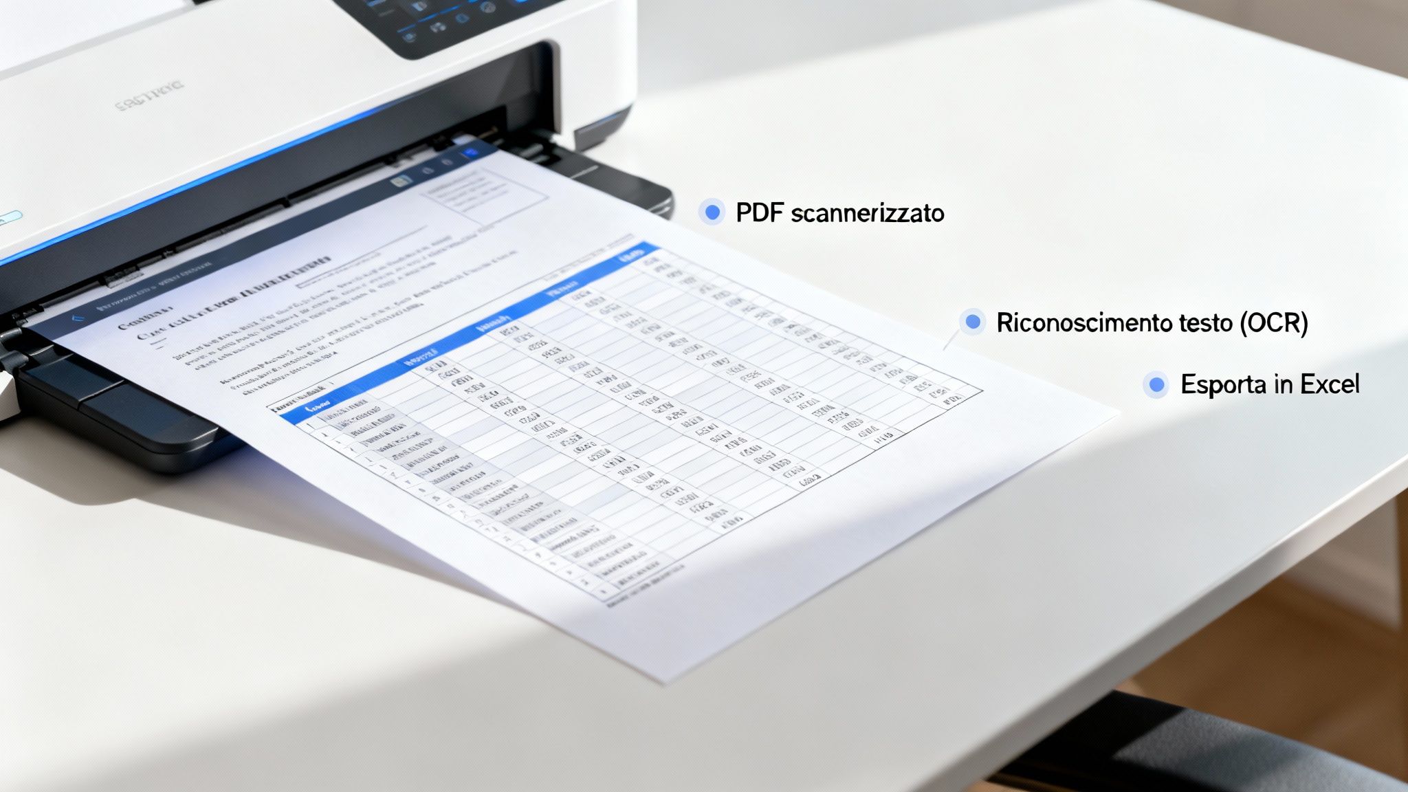 Stampante multifunzione che scansiona un documento con opzioni per PDF, riconoscimento testo OCR ed esportazione in Excel.