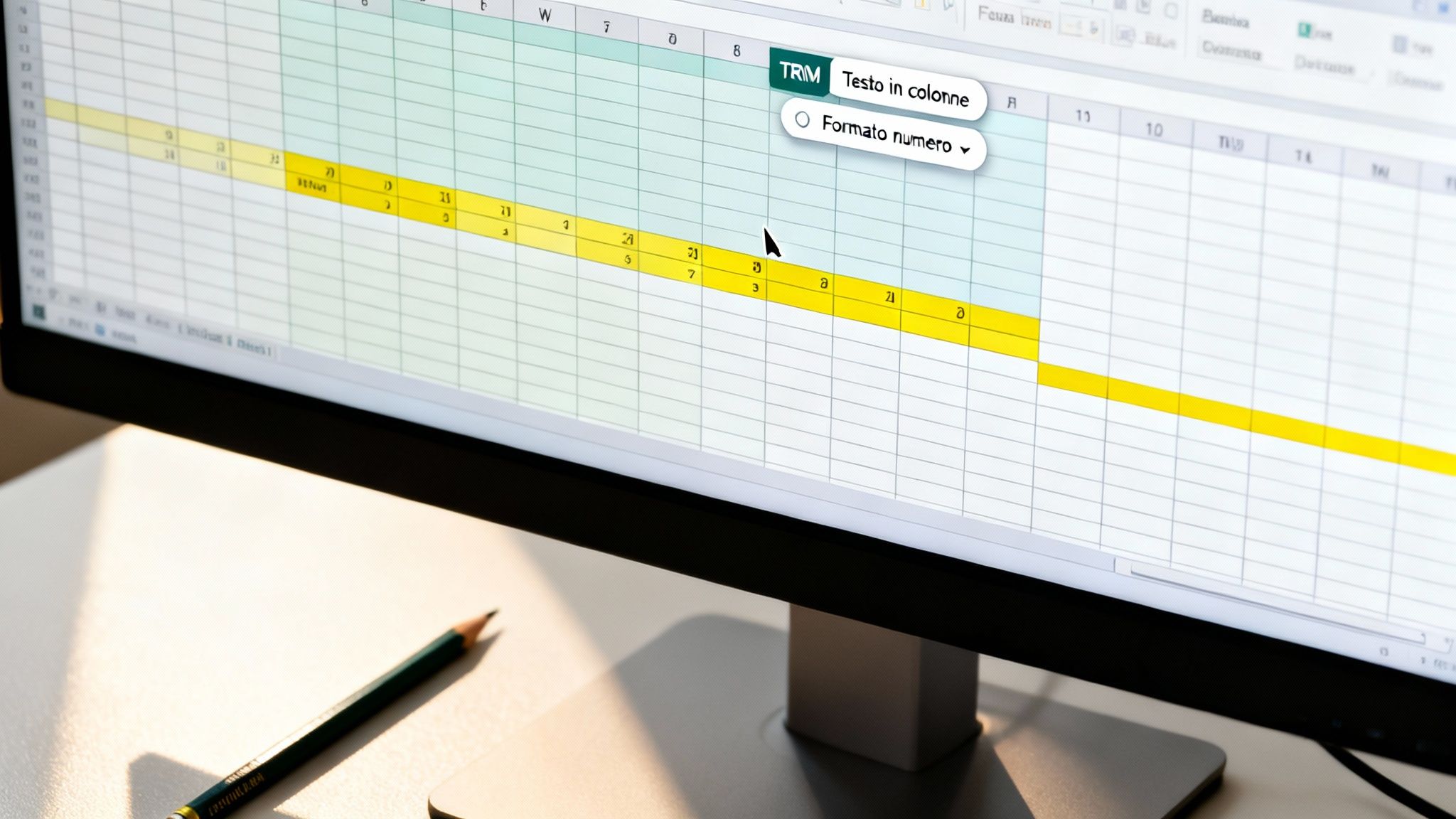 Uno schermo mostra un foglio di calcolo Excel con celle gialle e un menu a discesa per la funzione TRIM, su una scrivania con una matita.