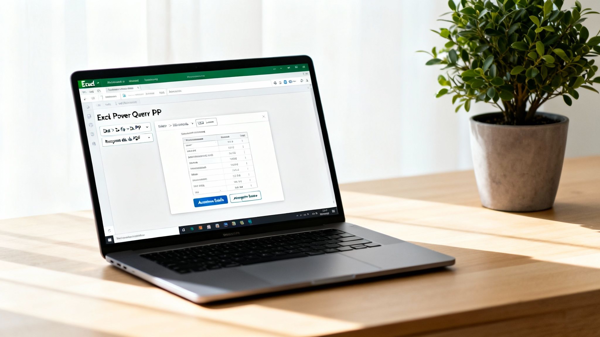 Un laptop mostra un foglio di calcolo Excel con una finestra Power Query, su una scrivania in legno illuminata dal sole con una pianta.