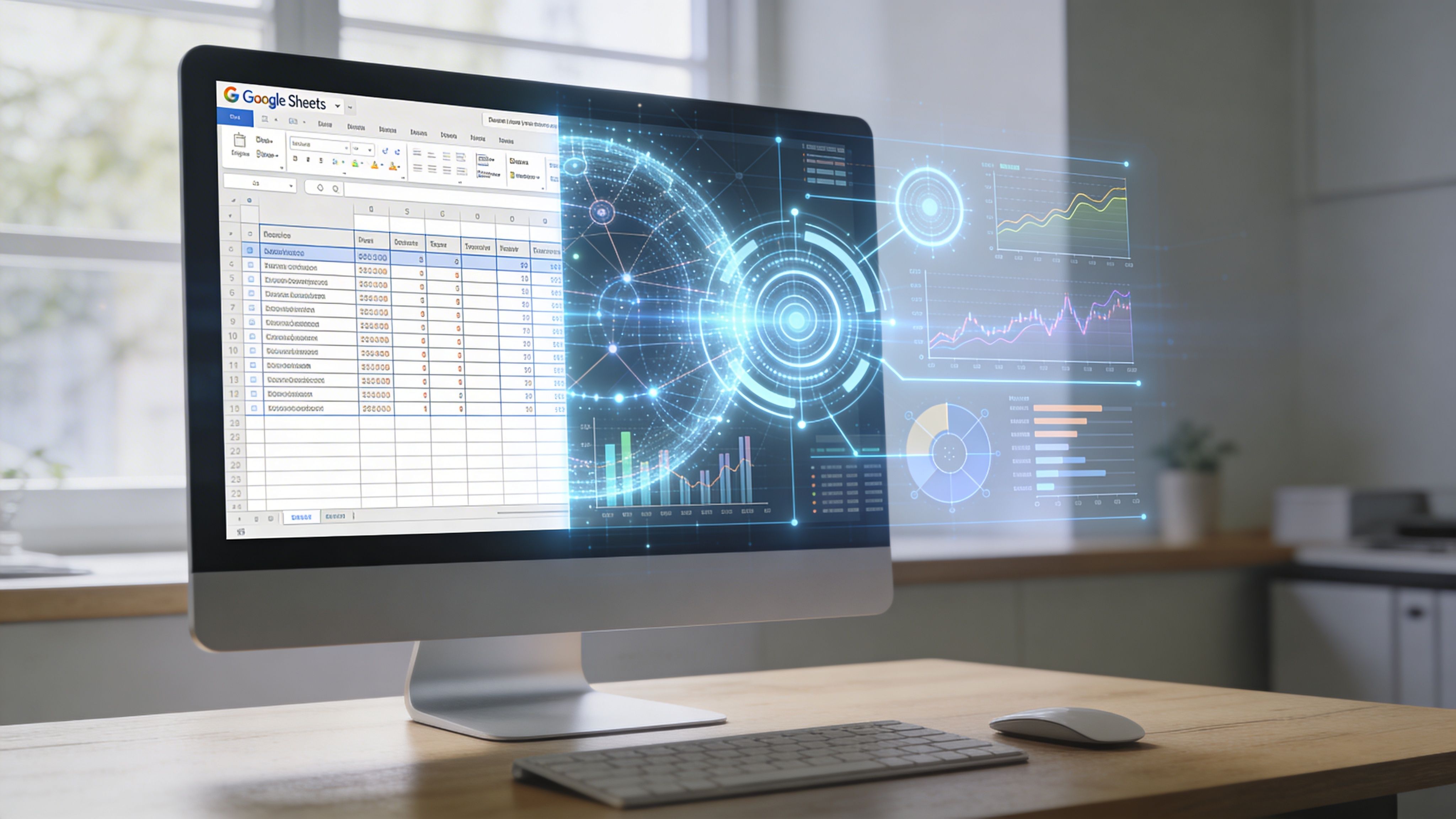 Un computer su una scrivania mostra un foglio Google Sheets con complessi grafici analitici digitali proiettati sopra.