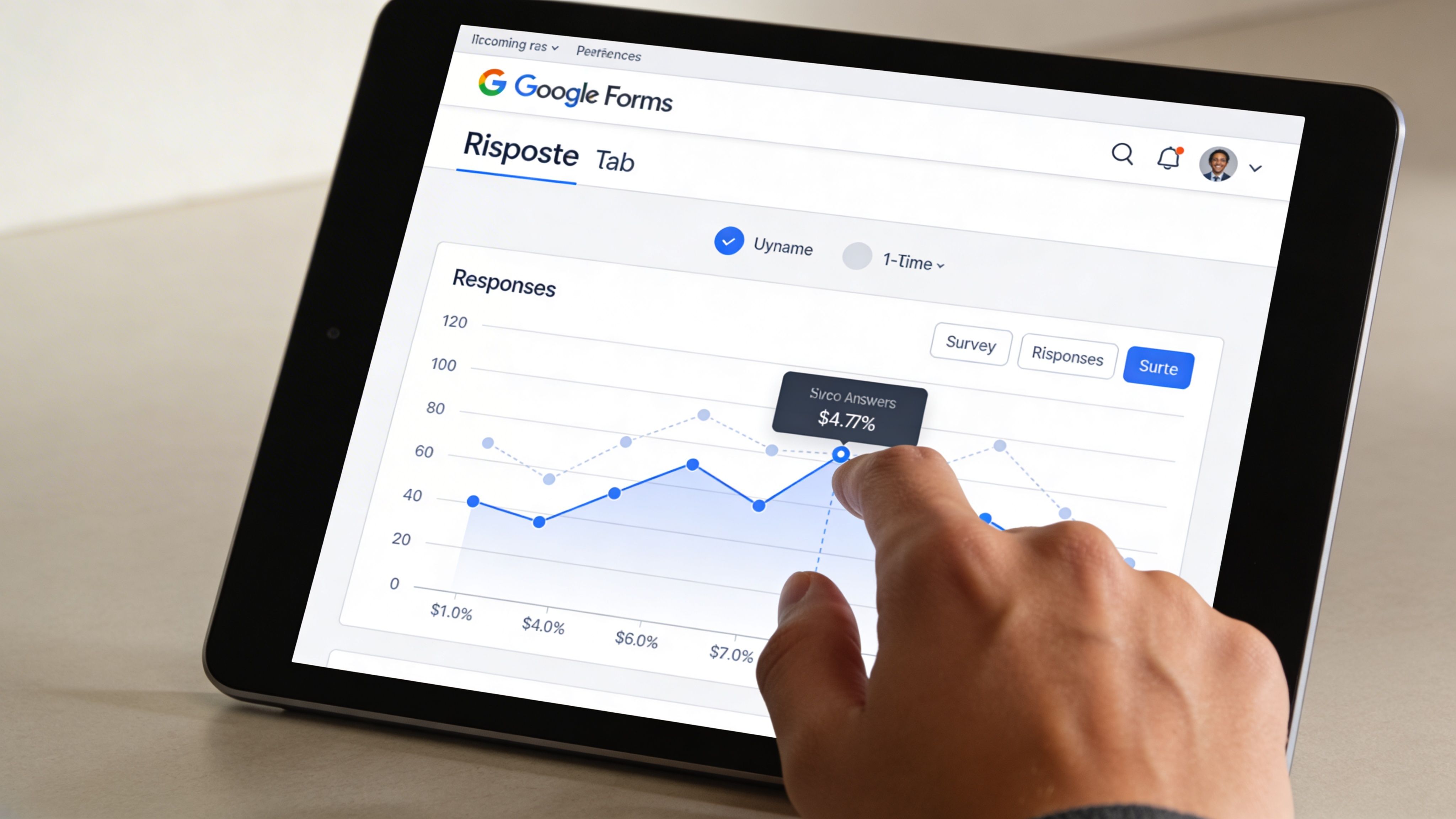 Una mano che utilizza un tablet per visualizzare le analisi e i grafici delle risposte di Google Forms.