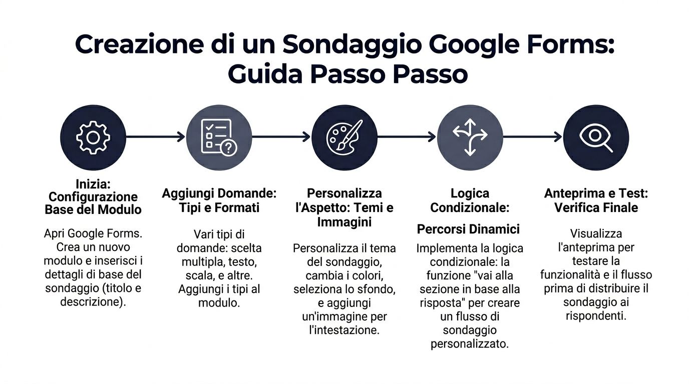 Infografica che mostra i cinque passaggi fondamentali per creare e configurare un sondaggio su Google Forms.