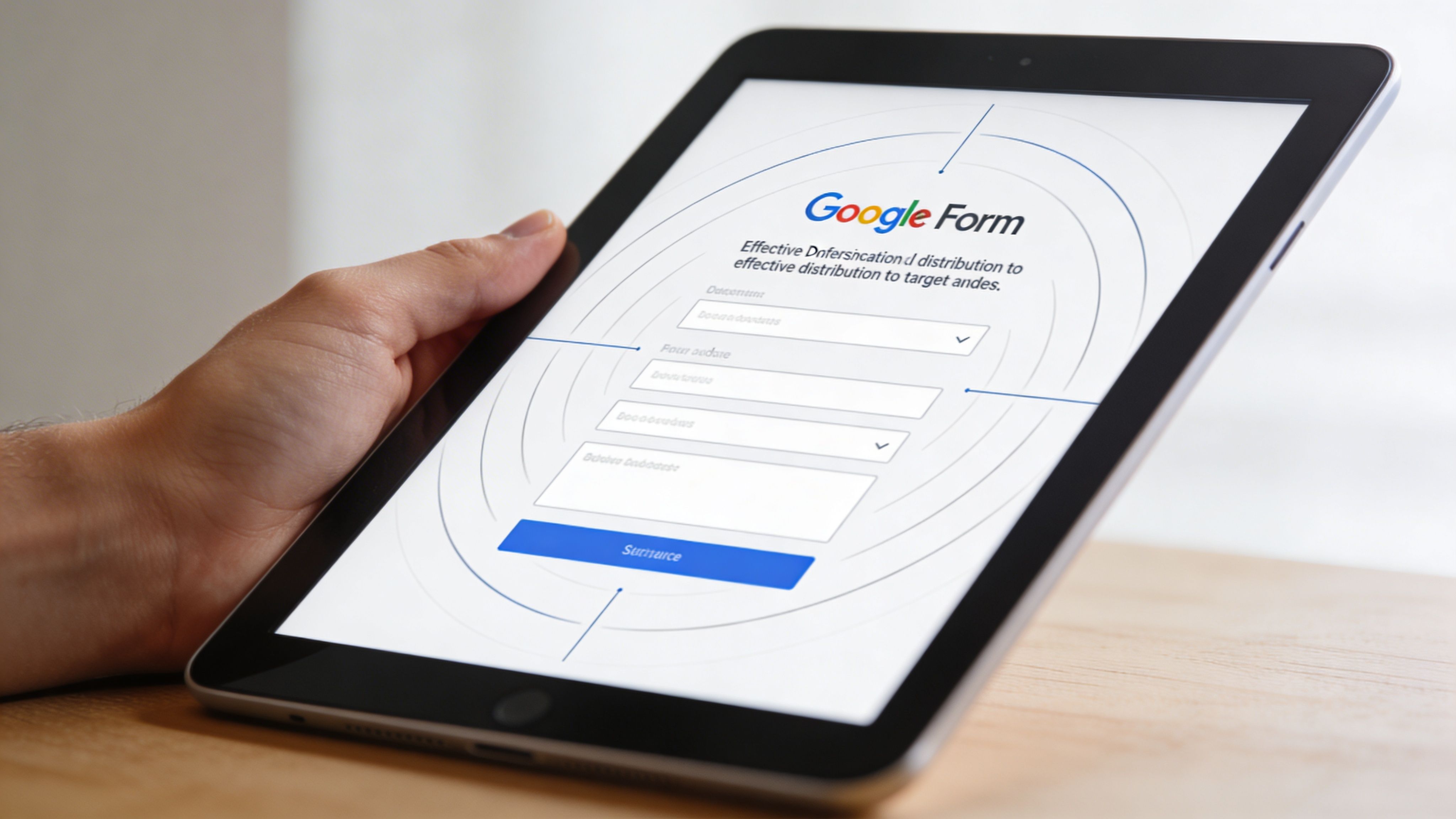 Una mano che tiene un tablet che mostra un modulo online per creare sondaggi con Google.