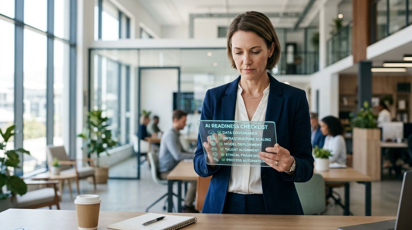 Una professionista in ufficio utilizza un display olografico per visualizzare una lista di controllo sulla preparazione all'intelligenza artificiale.