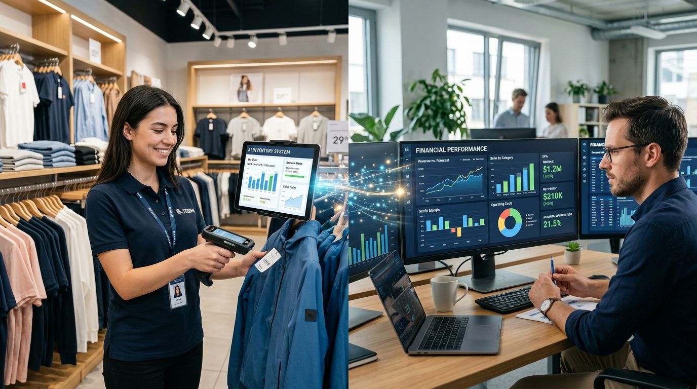 Dipendente che scansiona capi d'abbigliamento e analista che monitora dati finanziari tramite automazione IA in ufficio