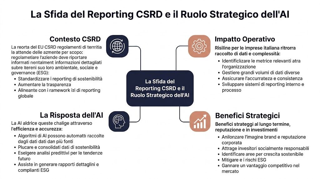 Schema grafico che illustra le sfide del reporting CSRD e il ruolo strategico dell'intelligenza artificiale aziendale.