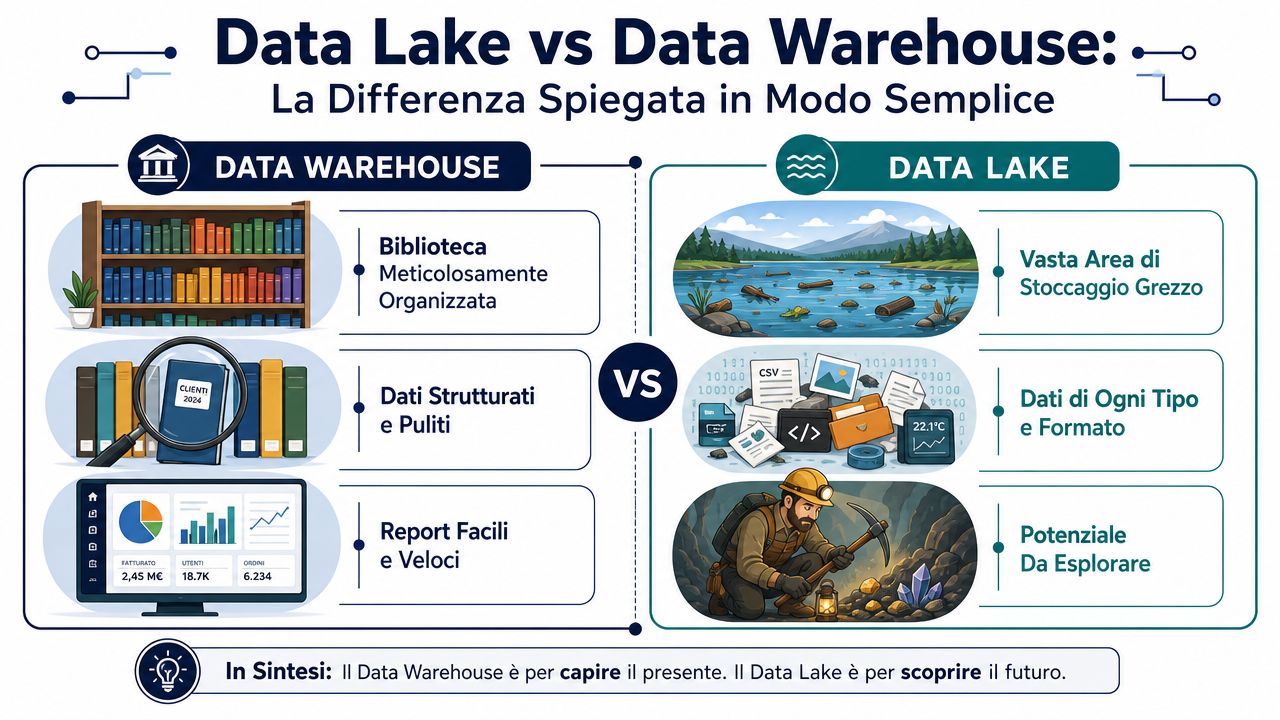 Confronto illustrato tra Data Warehouse, organizzato e strutturato, e Data Lake, per dati grezzi ed esplorazione.