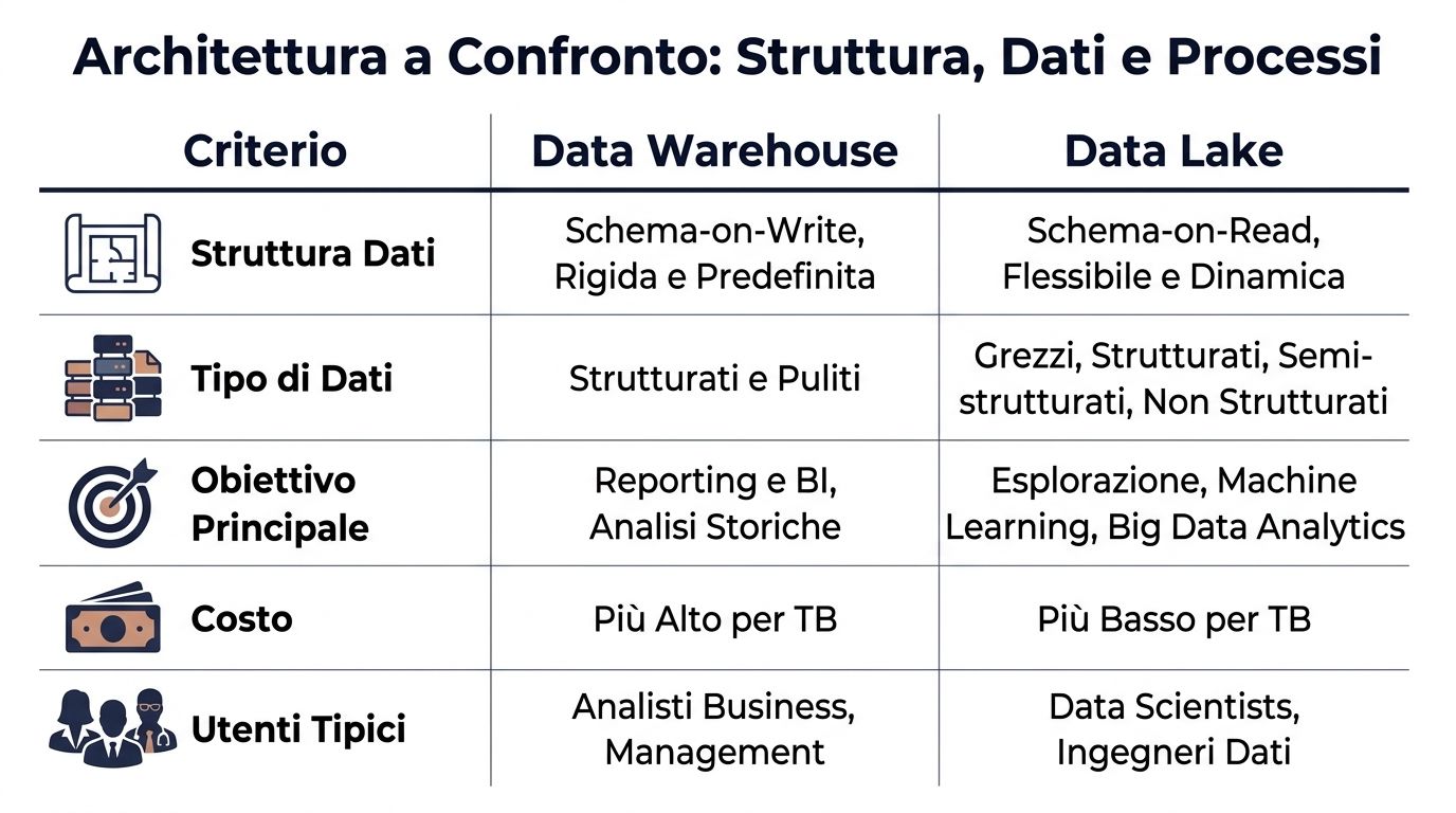 Tabella comparativa che mette in luce le principali differenze tra l'architettura Data Warehouse e Data Lake.